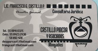 Tarjeta de Castillo Pineda y Asociados con datos de contacto y logotipo